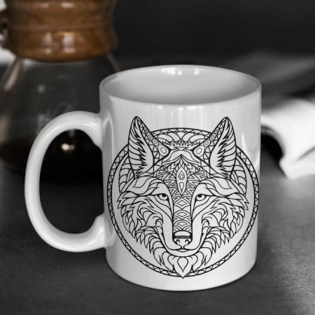 Primgi 11 oz Ceramic Zentangle Wolf Head Printed Coffee Mug